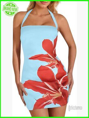 Halter Mini Dress Bodycon Floral Print Backless Tie Back Summer Party Going Out